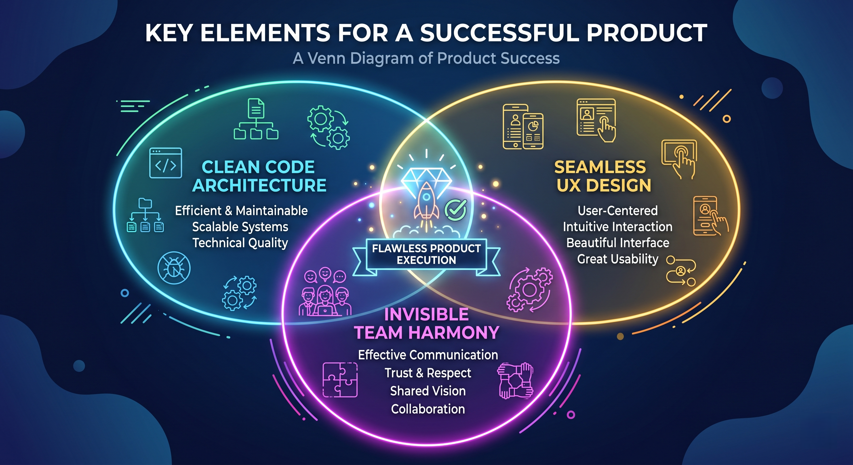Venn diagram showing Clean Code Architecture, Seamless UX Design, and Invisible Team Harmony intersecting to create Flawless Product Execution.