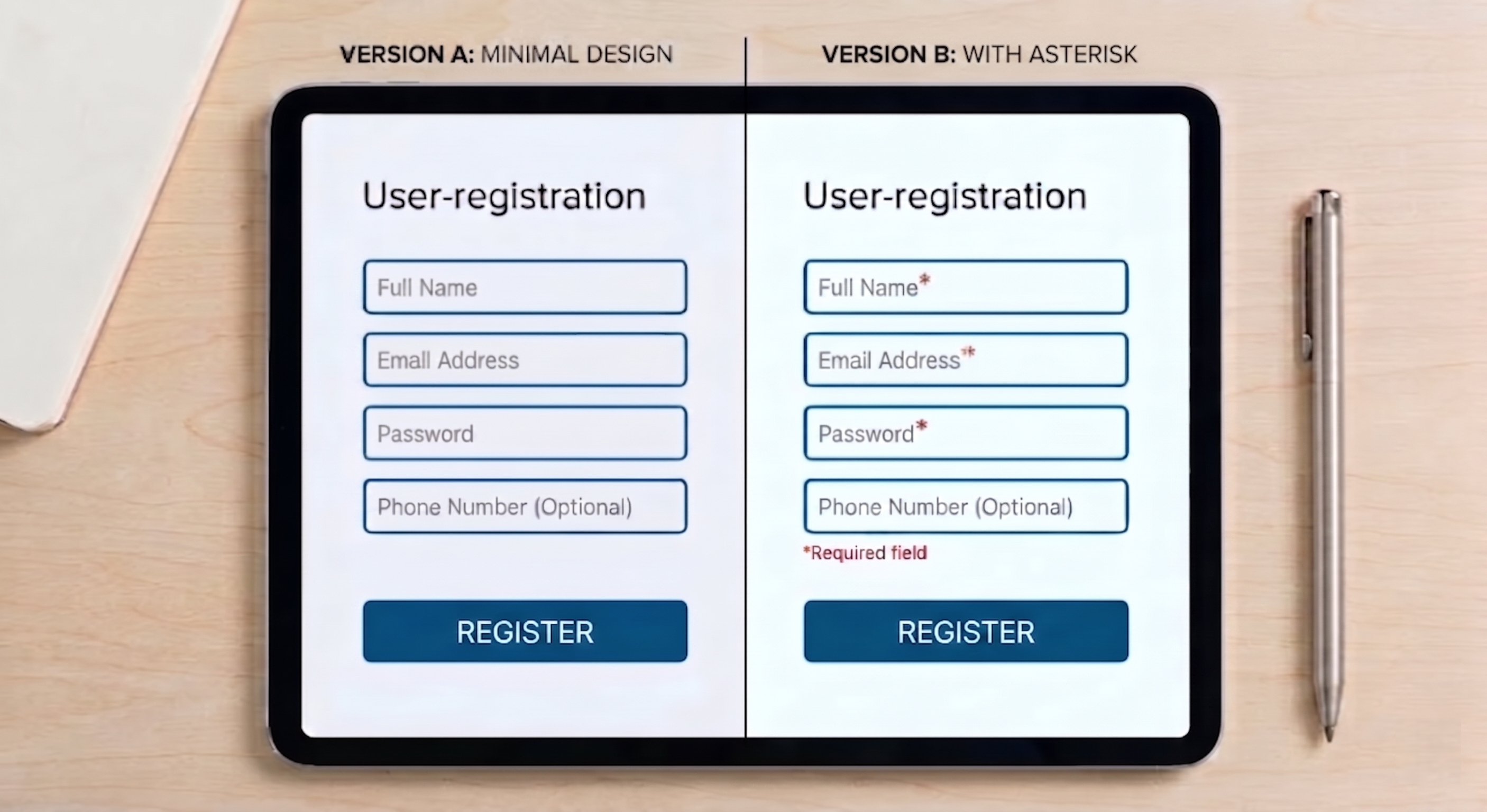 Side-by-side forms comparing minimal design vs mandatory asterisk indicators.