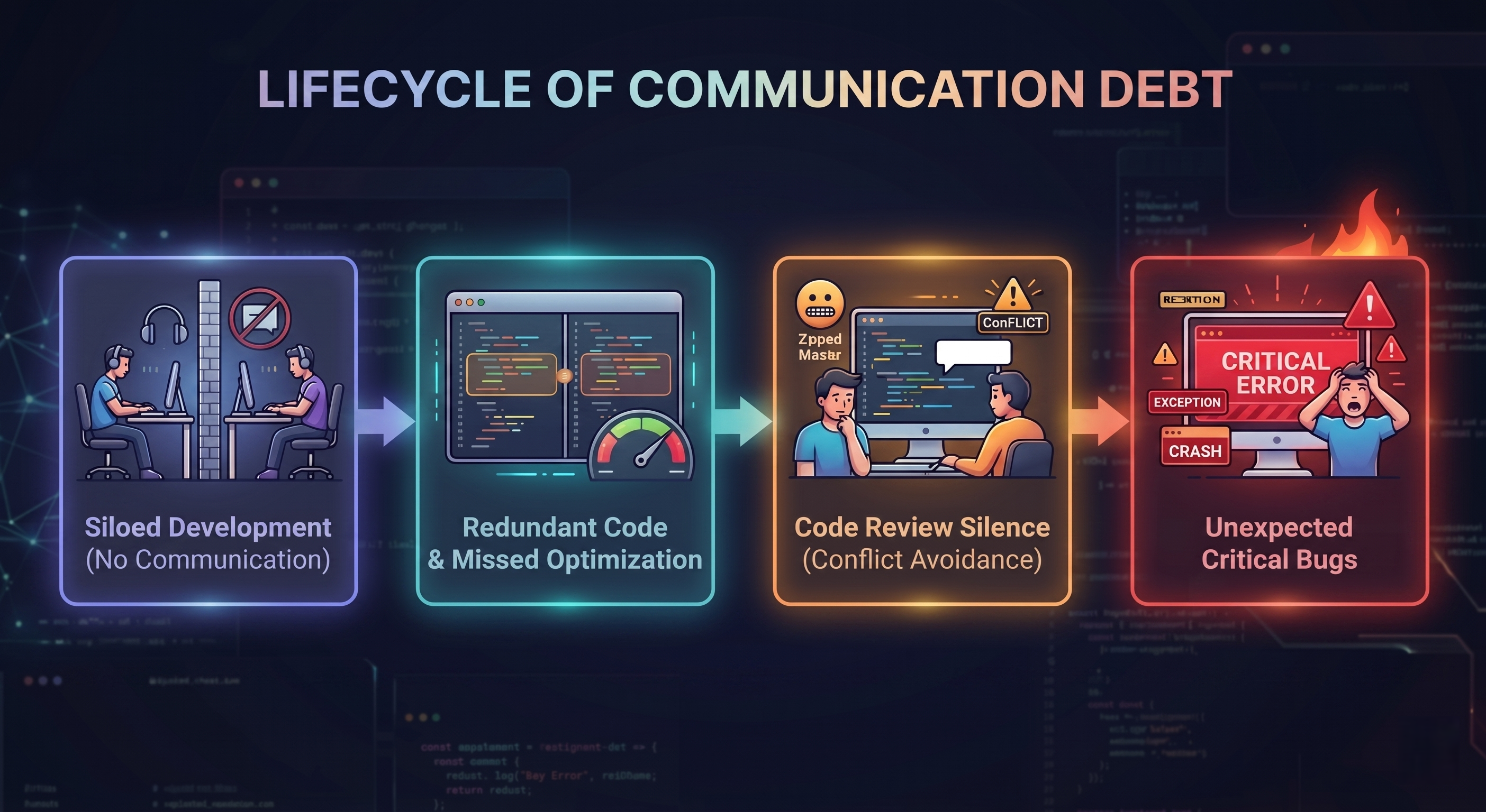 Flowchart diagram illustrating the cycle of communication debt, from siloed development to unexpected critical bugs.