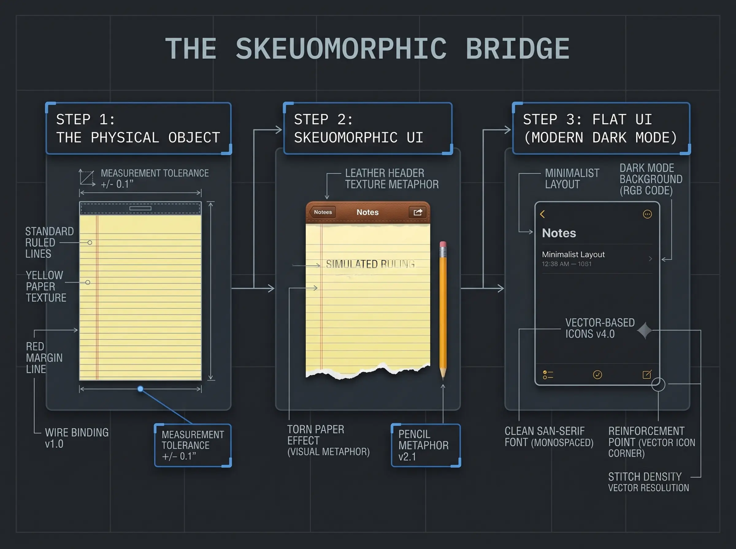 Shifting a rigid mental model requires transitional scaffolding. Skeuomorphic textures bridged the cognitive gap between physical paper and purely digital, flat interfaces.