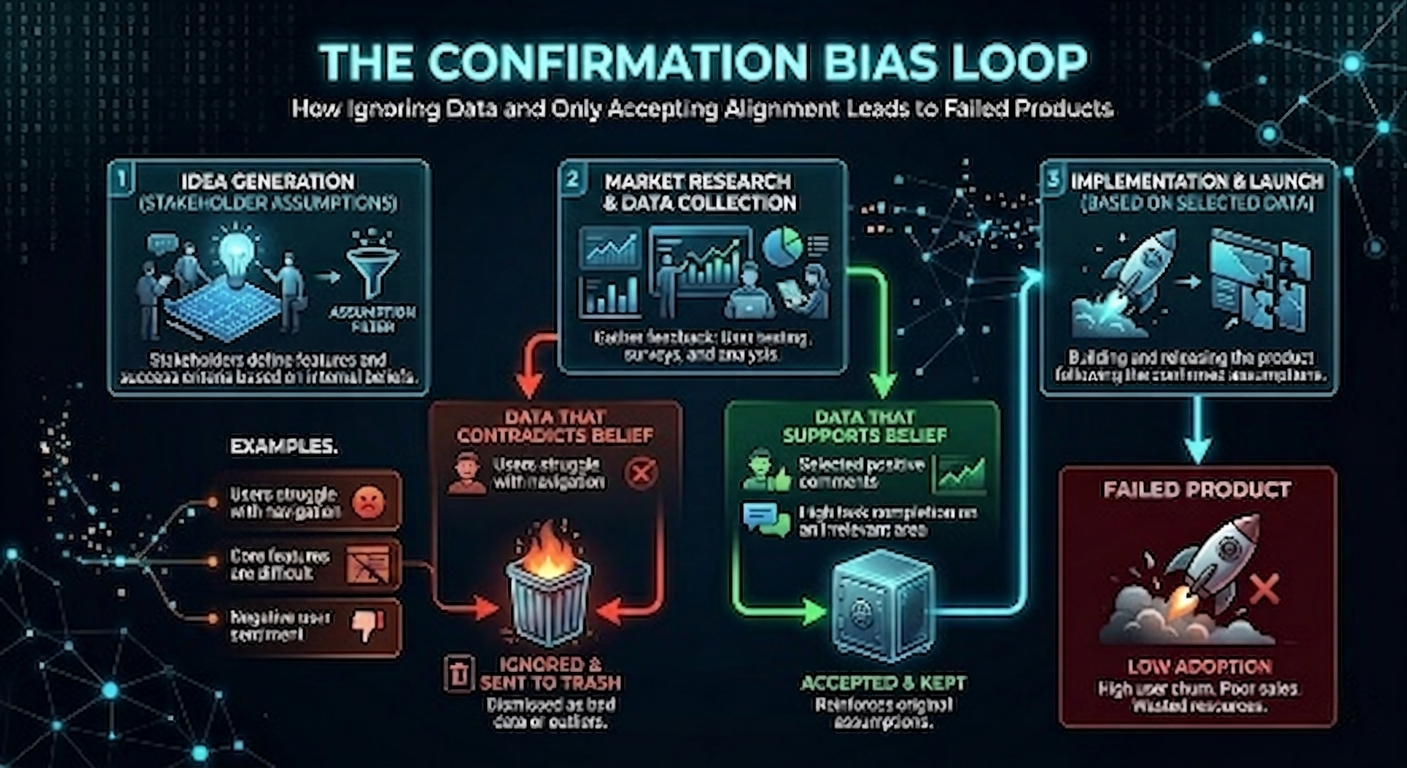 Flowchart demonstrating the confirmation bias in product design, where stakeholders ignore contradictory data and only accept feedback that aligns with their assumptions.