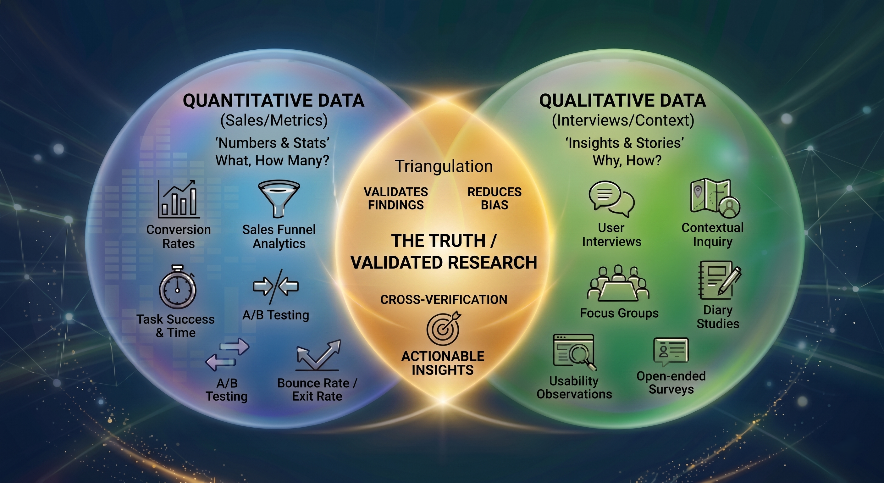 Venn diagram illustrating methodological triangulation, showing the intersection of quantitative data and qualitative data to form validated UX research.